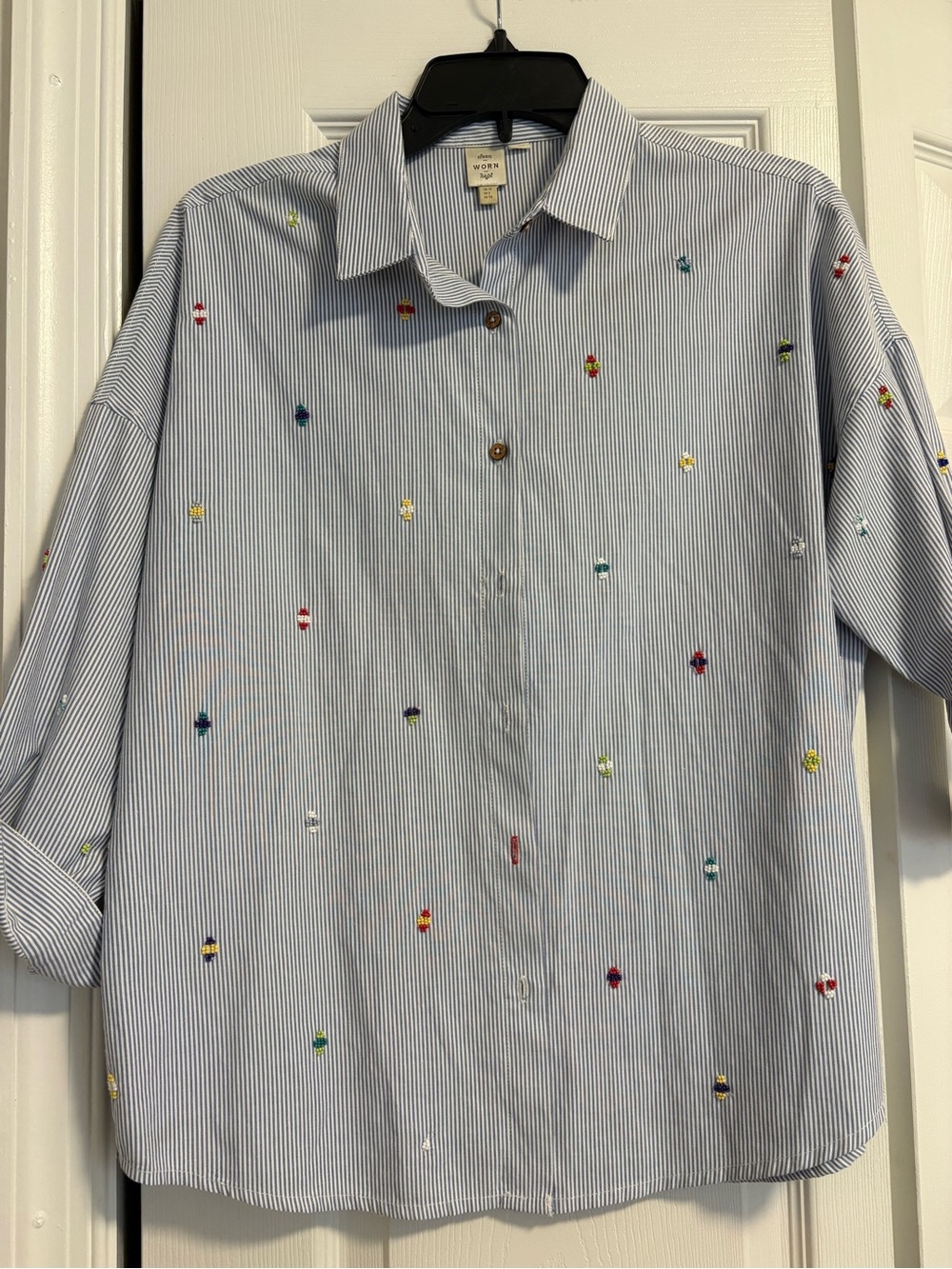 Blue Stripe Bead-Embroidered Button-Down Shirt - Picture 1 of 5
